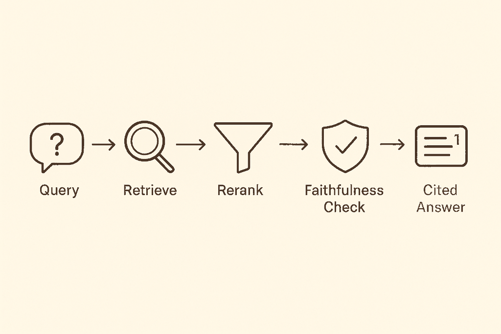Diagram showing a query flowing through retrieval, reranking, generation, a faithfulness check, and ending in a cited answer